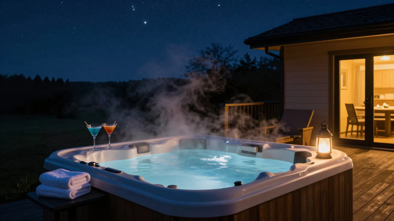 A steaming hot tub on a cabin deck under a starry night sky.
