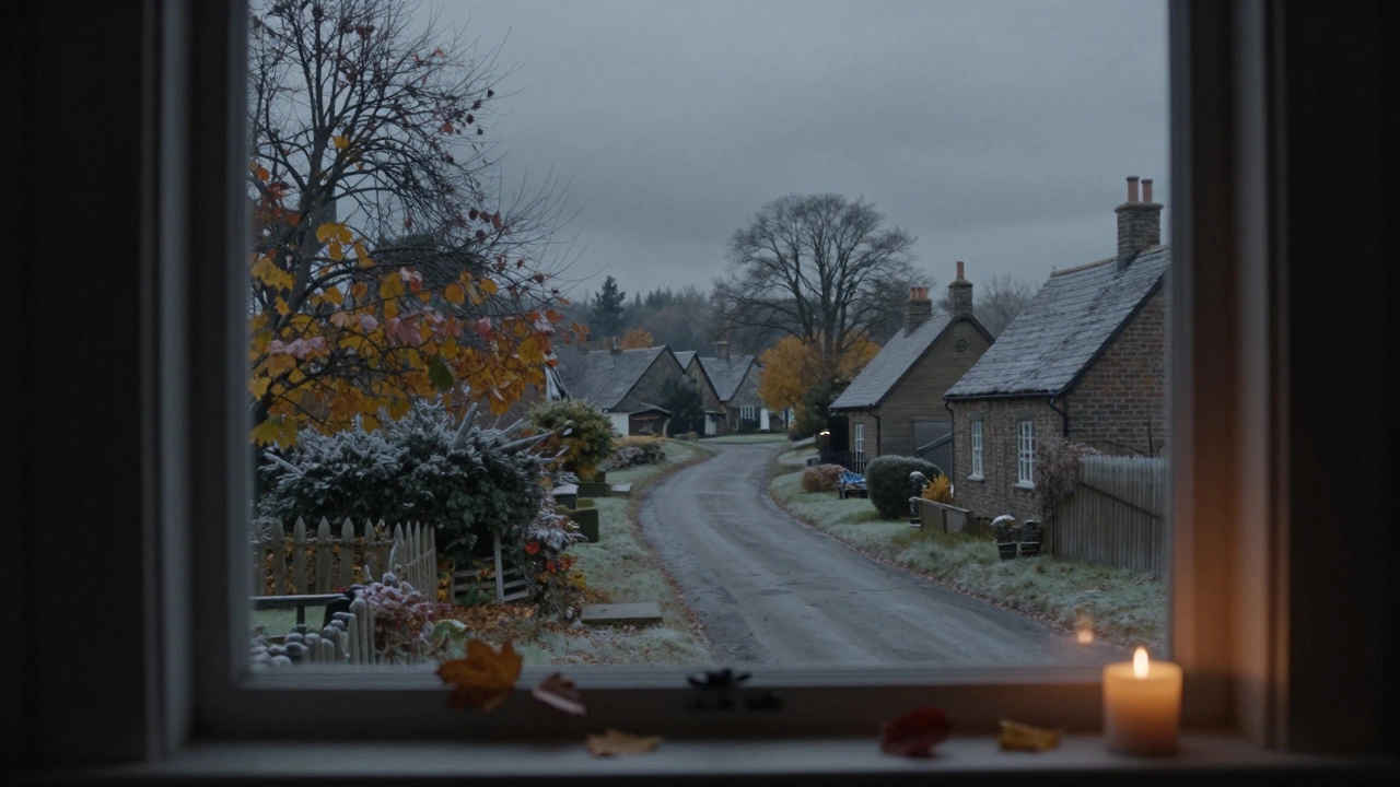 A view from a cottage window overlooking a quiet, frosty rural lane in autumn
