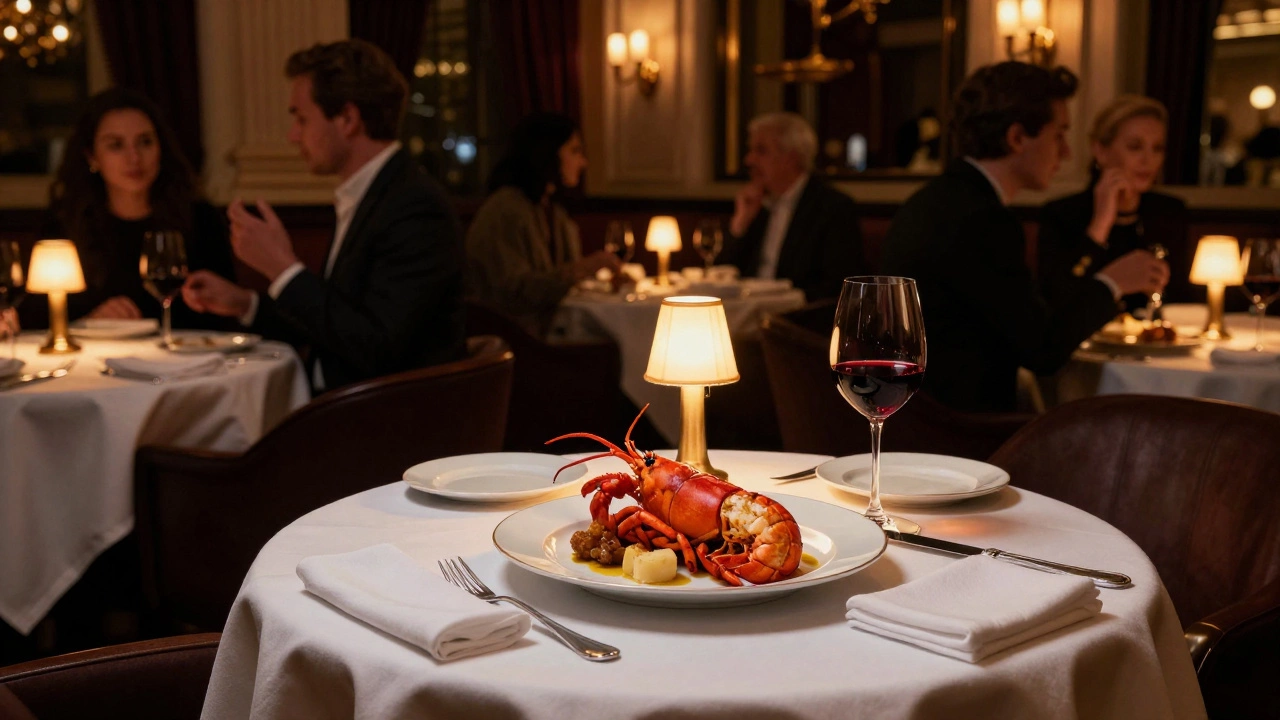 An elegant plated lobster dinner and red wine in a dimly lit upscale restaurant