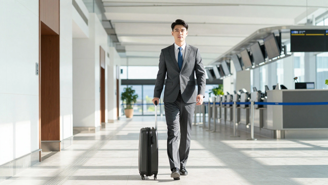 Business traveler walking from an airport hotel to the terminal check-in