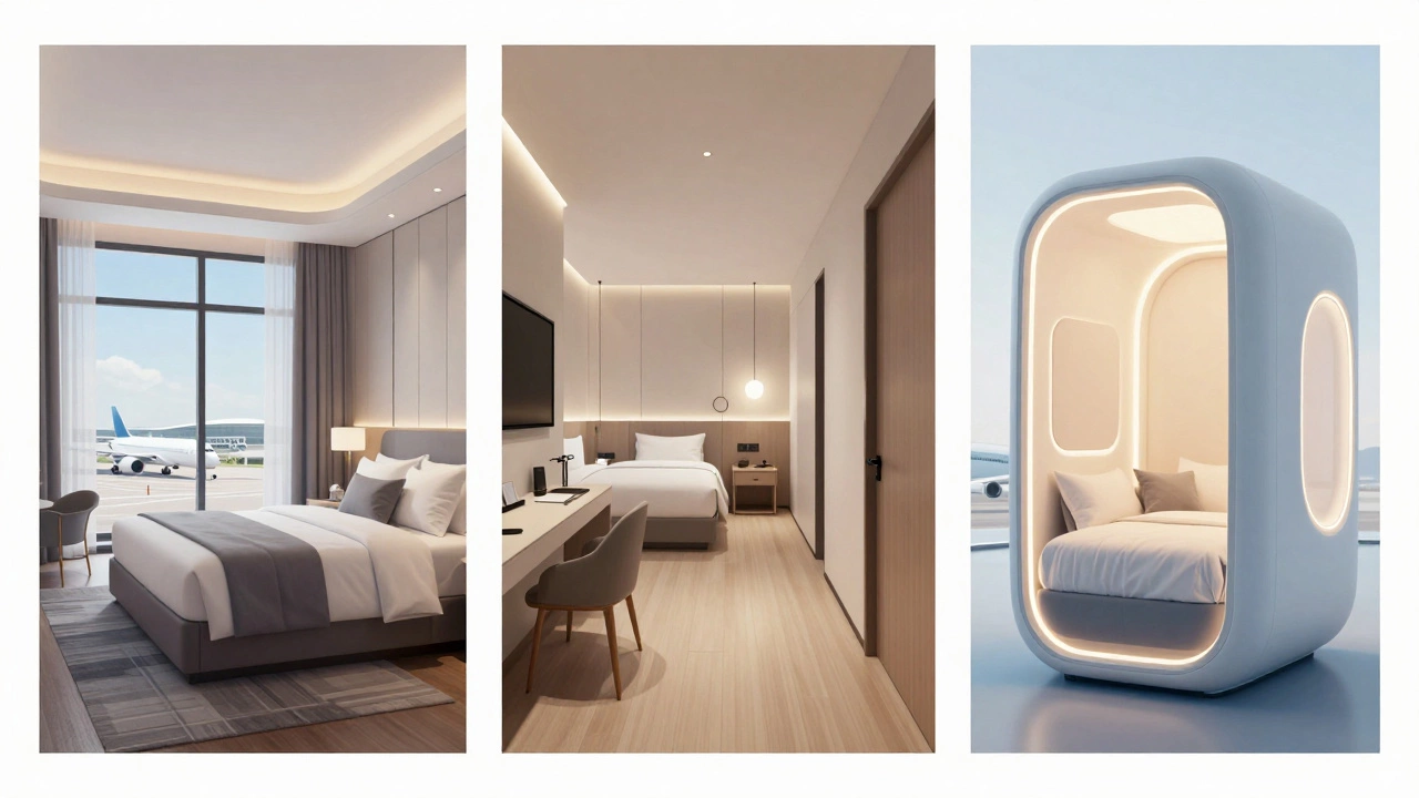 Comparison of a full-service hotel room, a transit hotel, and a sleep pod