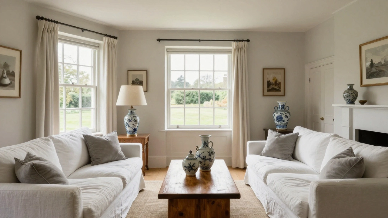 Elegant interior of a Cotswolds cottage with white linen sofas and antique vases.