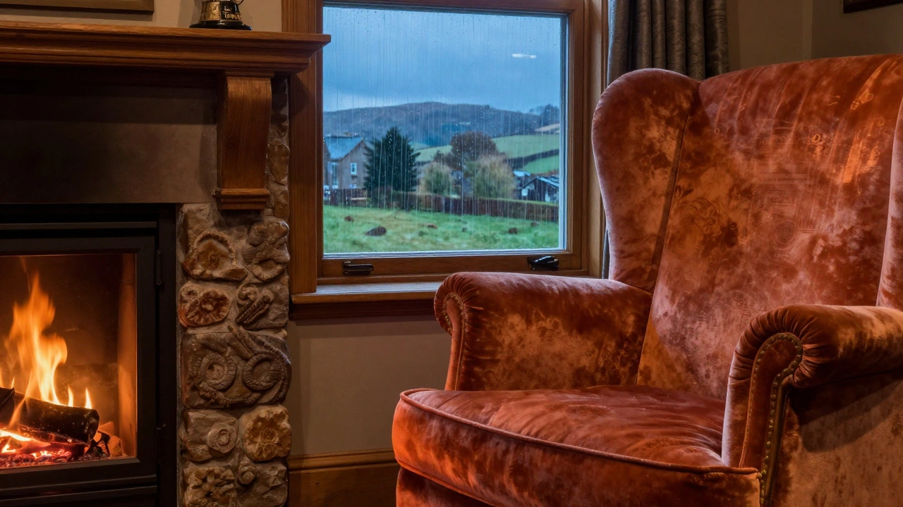 Interior of a luxury cottage with a warm fireplace and a rainy window view