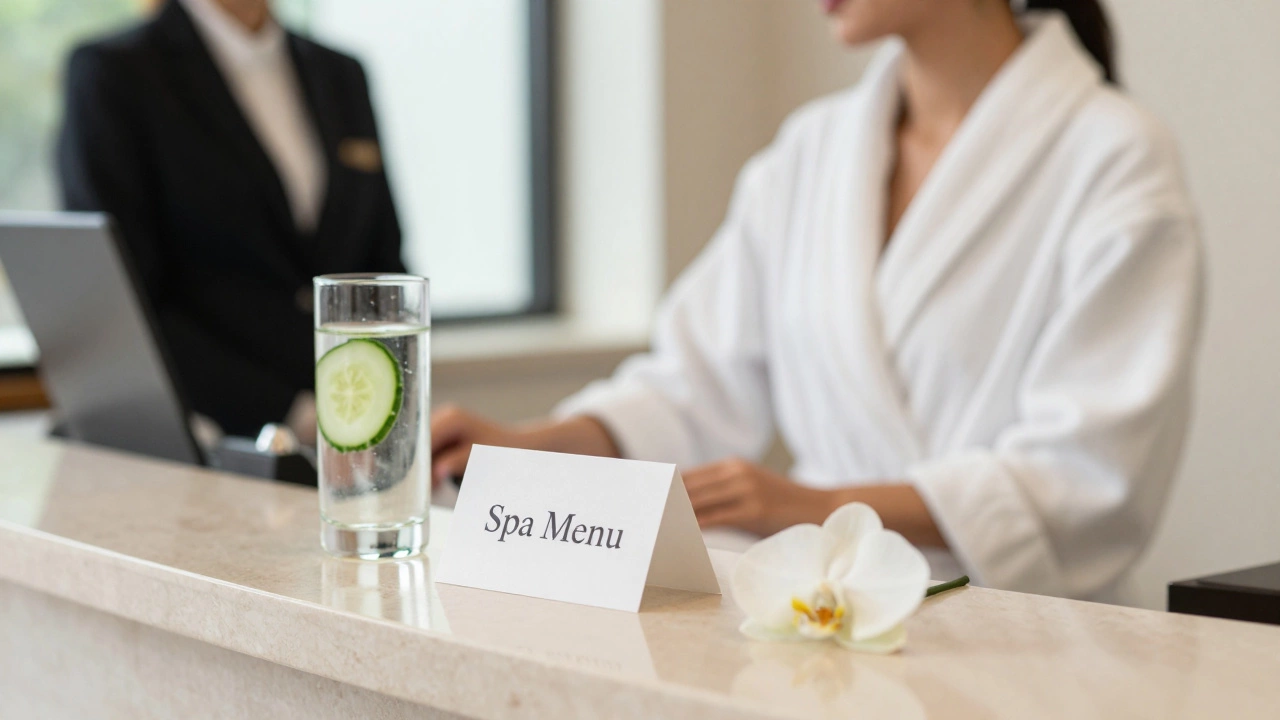 Luxury spa reception desk with a menu, cucumber water, and a guest in a white robe.