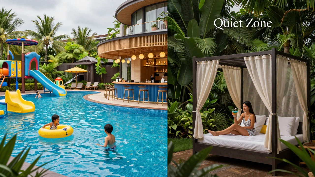 Split view of a family-friendly resort area and a secluded adults-only quiet zone.