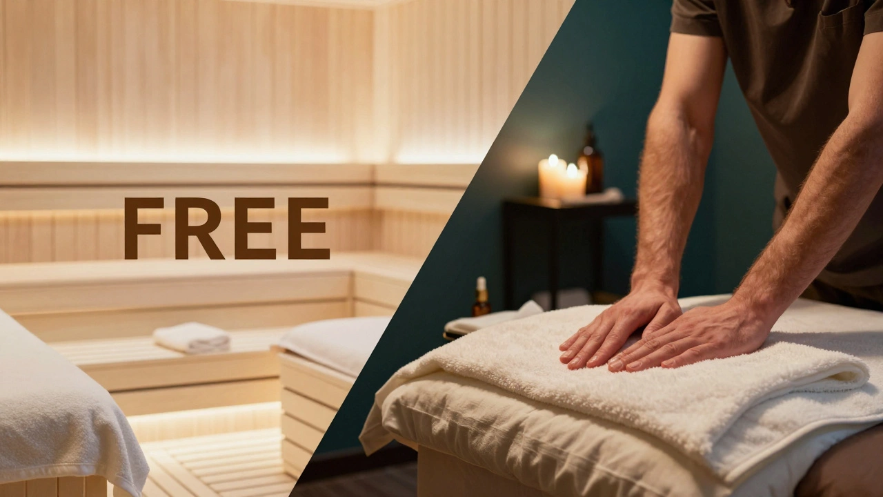 Visual contrast between a public spa facility and a private massage treatment room.