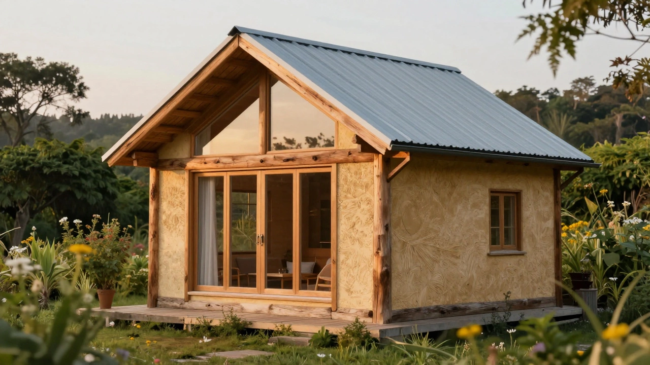 A cozy timber-framed eco-cottage with straw bale walls and large windows.