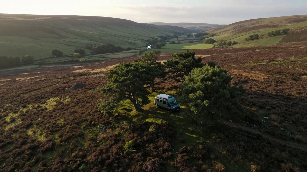 Aerial view of lone overlanding vehicle in remote UK wilderness landscape