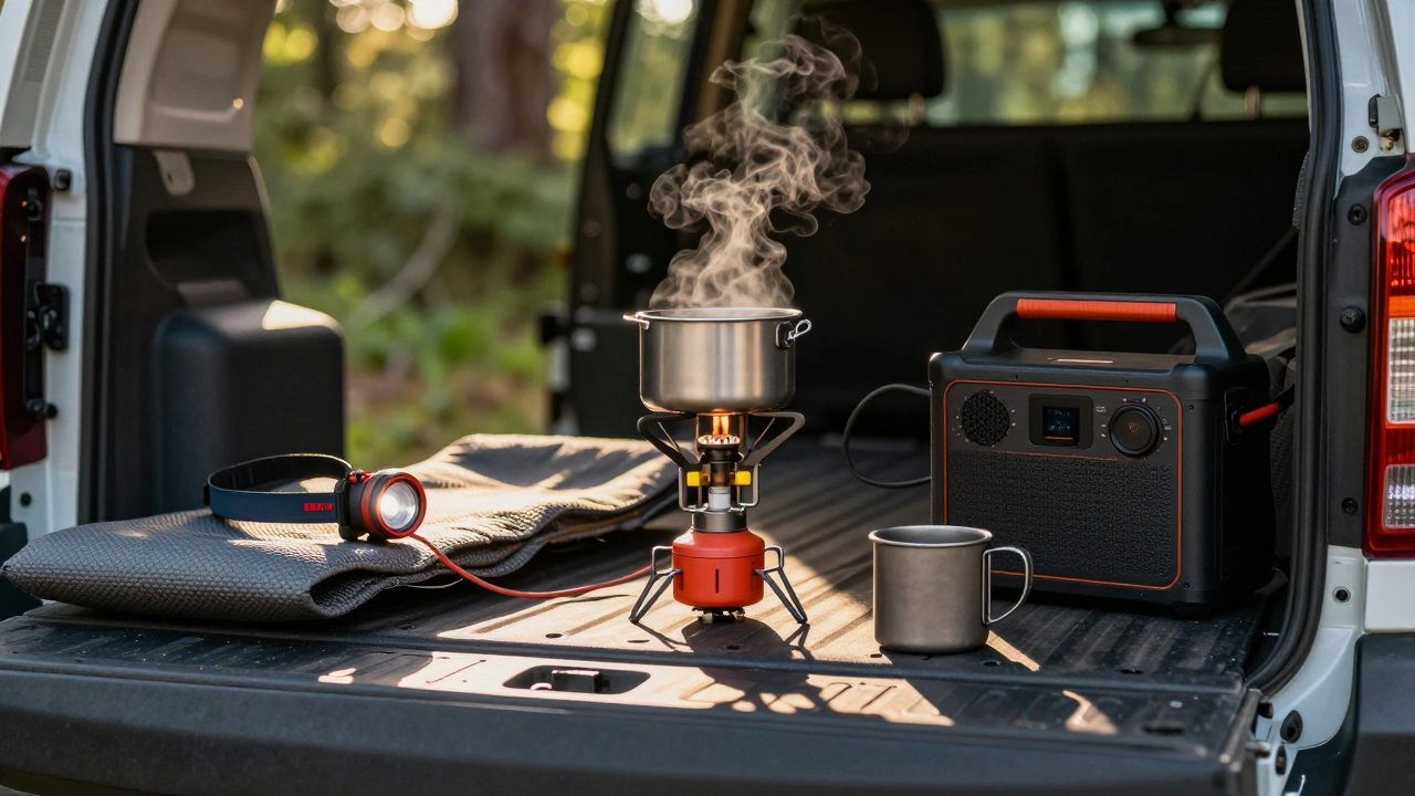 Camping gear including stove, lantern, and power station on van tailgate