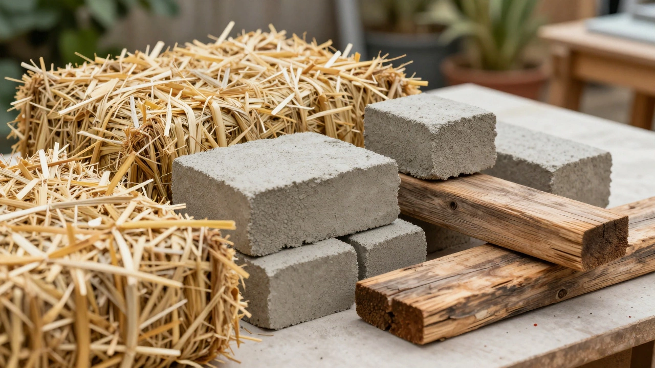 Close-up of straw bales, hempcrete, and reclaimed wood for eco-construction.