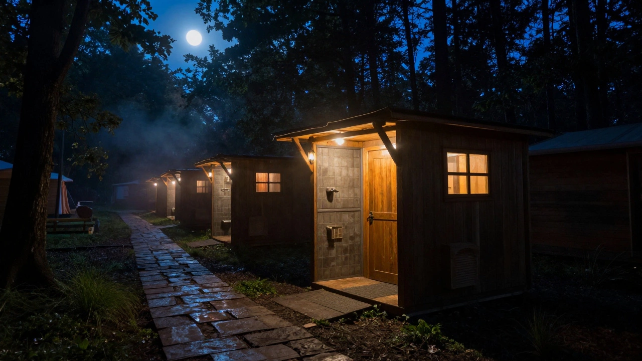 Communal shower house at night in a woodland glamping site