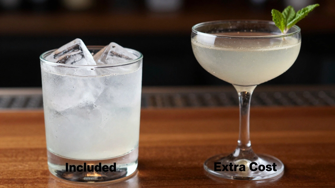 Contrast between basic included drinks and premium spirits costing extra.