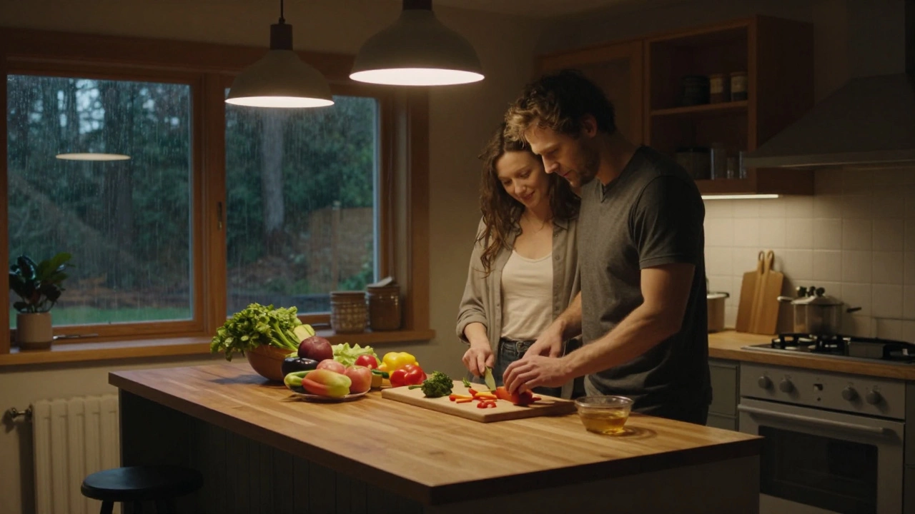 Couple cooking dinner in a warm cottage kitchen with rain outside the window.