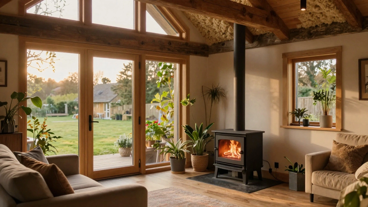 Cozy interior of an eco cottage with wood stove and natural light
