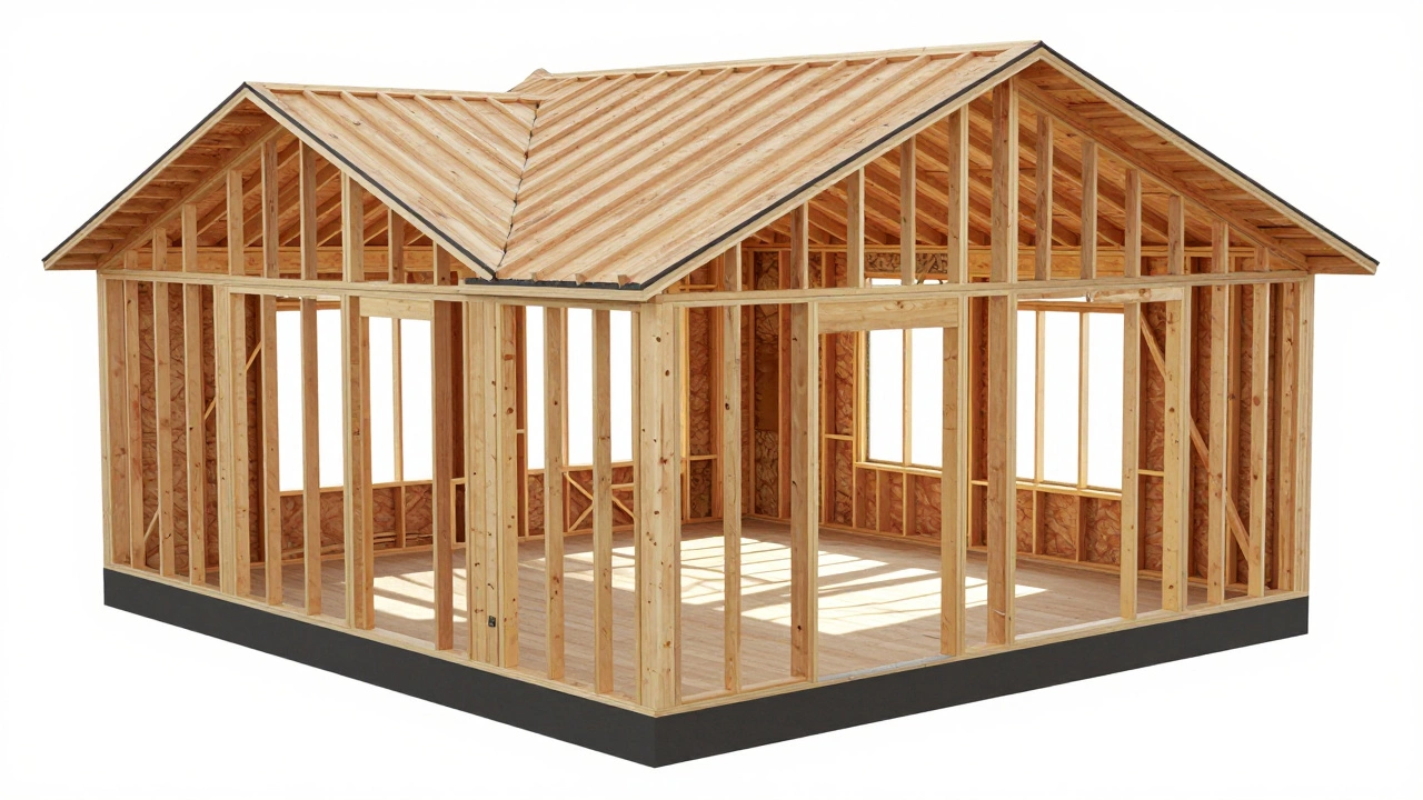 Cutaway view of simple wood-frame ranch house construction