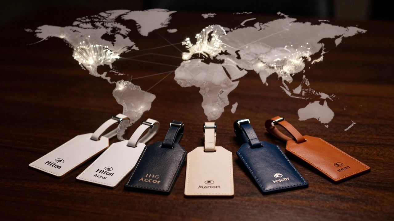 Five luxury luggage tags on wood with glowing world map background