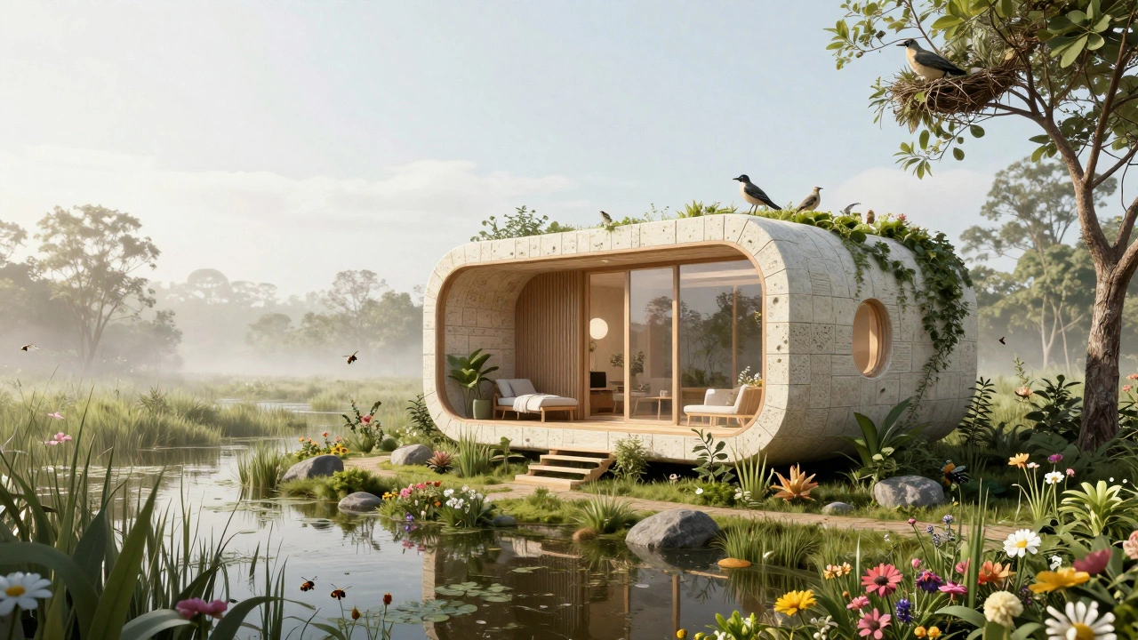 Futuristic mycelium eco-cottage integrated into a restored wetland habitat with thriving wildlife.