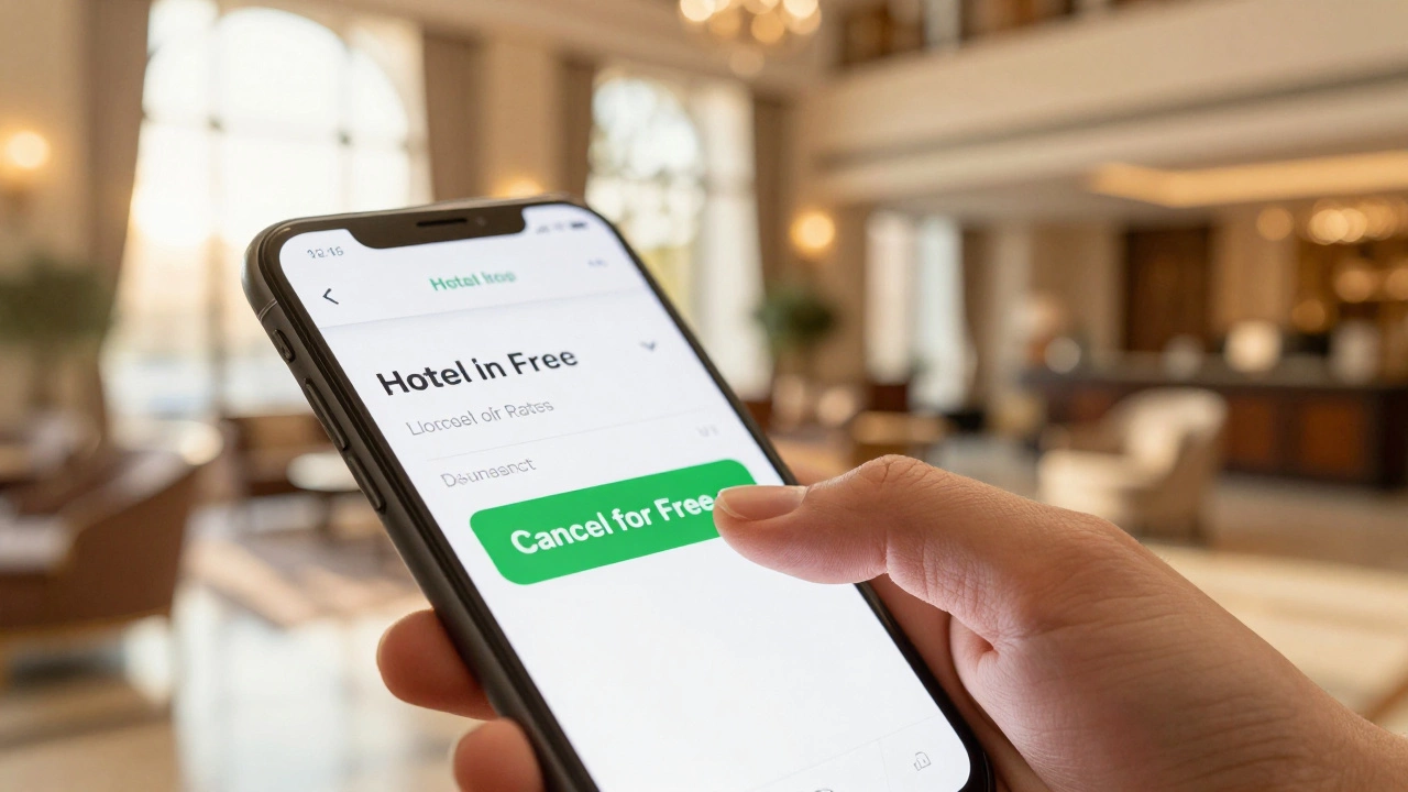 Hand tapping cancel for free button on hotel booking app