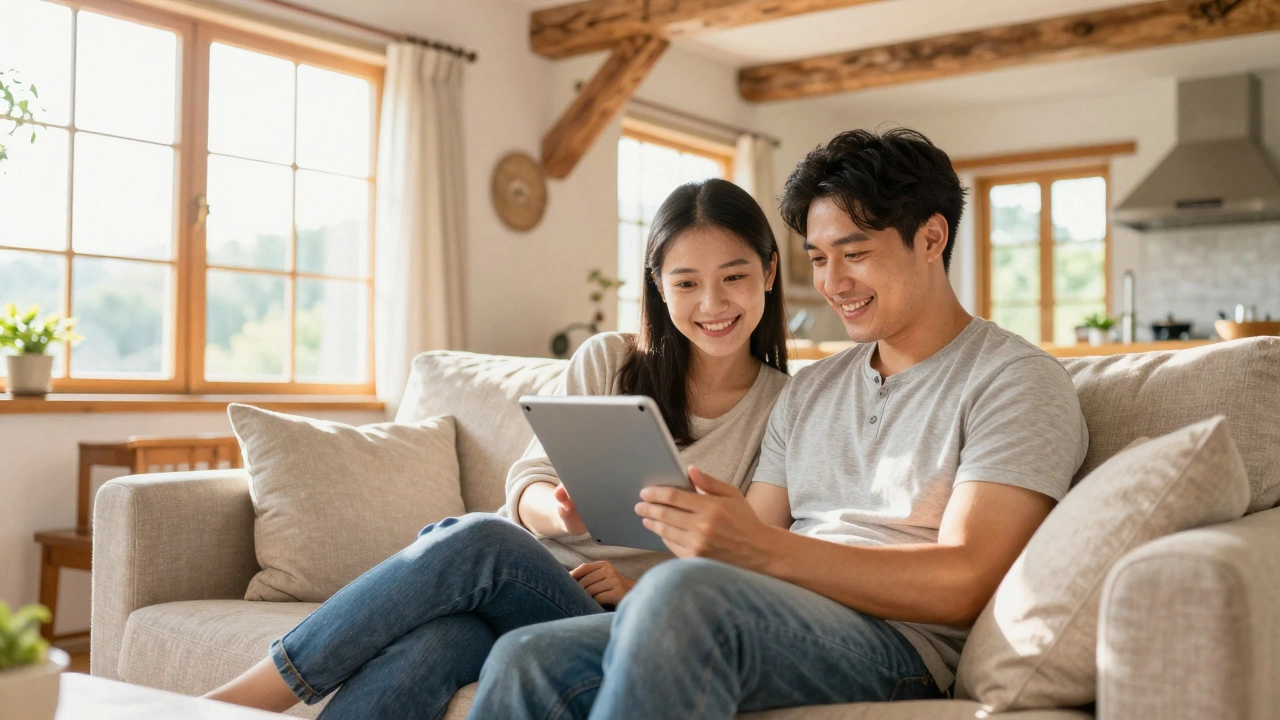 Happy couple relaxing in a sunlit rural cottage using a tablet