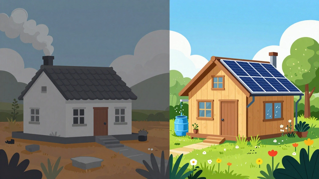 Illustration comparing traditional cottage pollution with eco cottage sustainability
