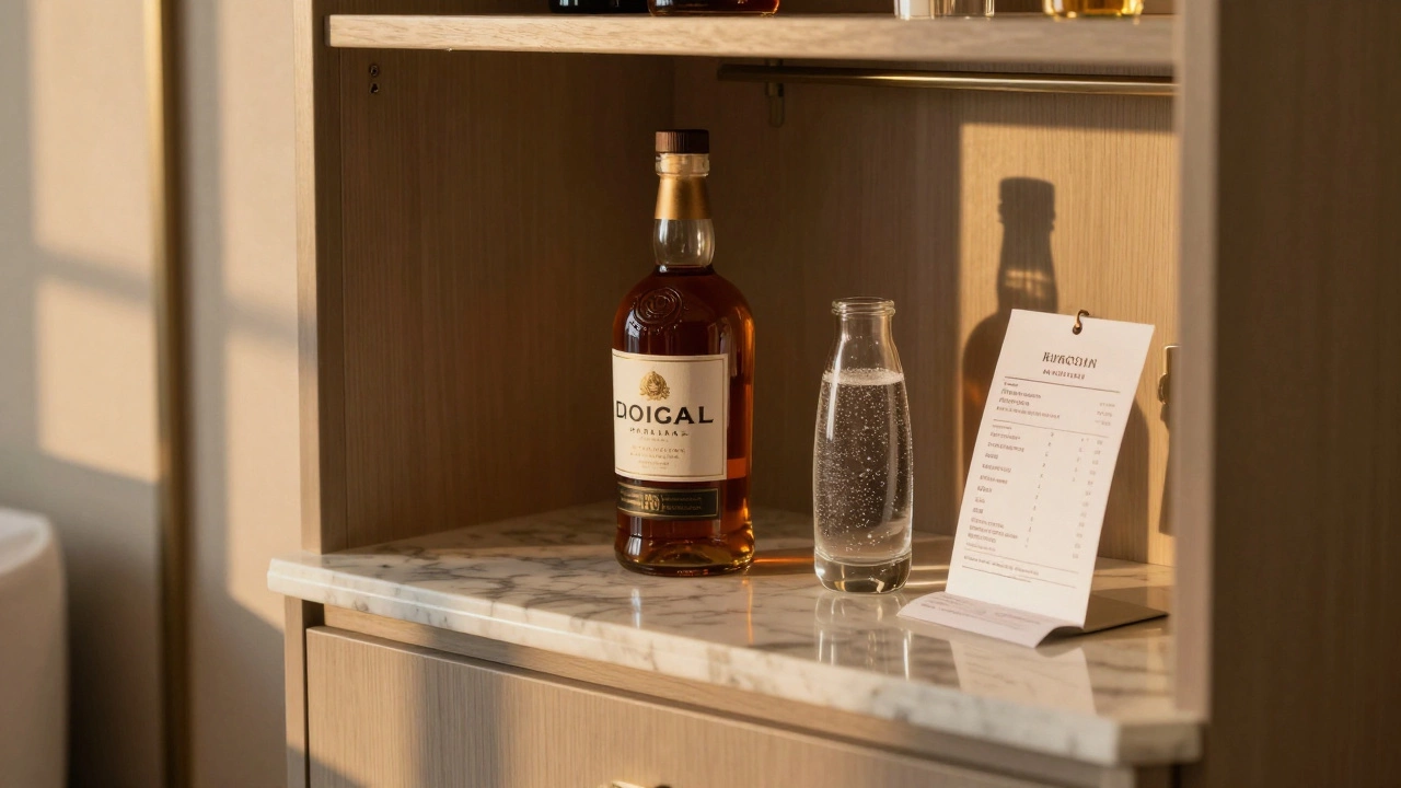 Luxury hotel mini-bar items with a bill, illustrating hidden room service costs.