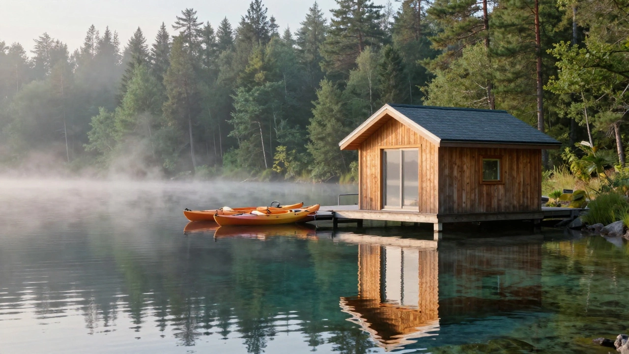 Modern lakeside cabin with dock and kayaks in misty morning