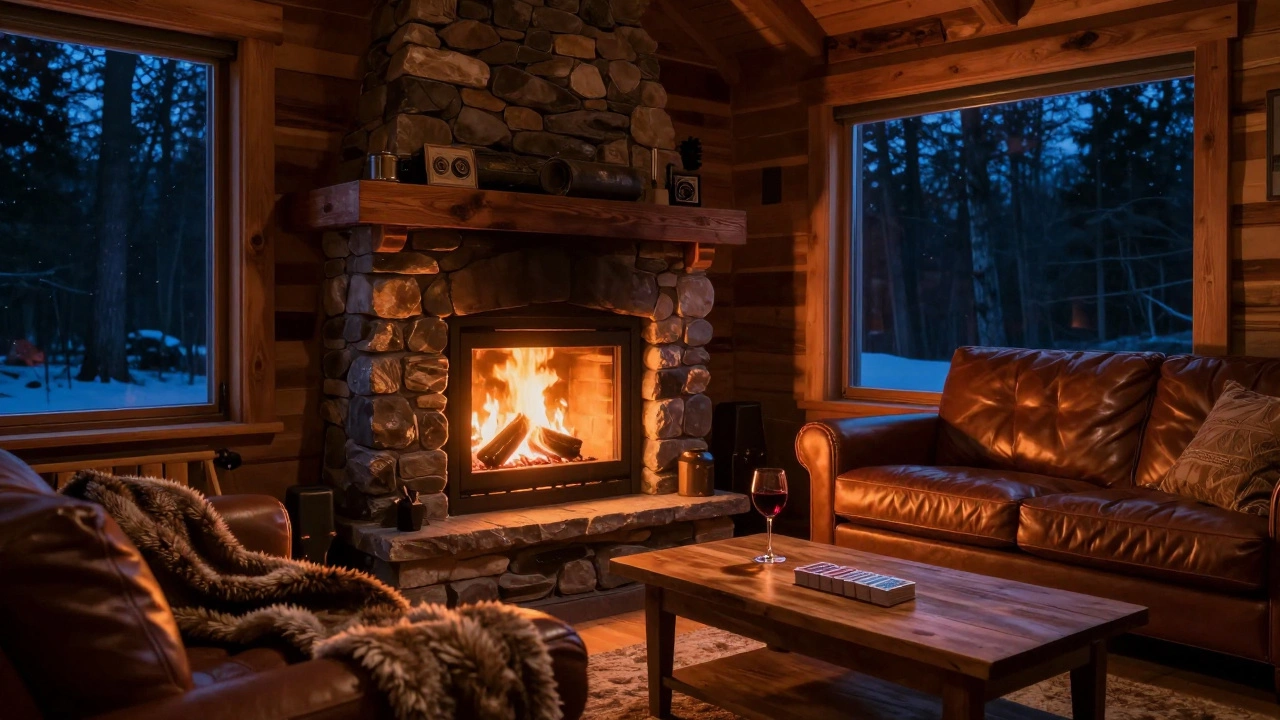 Romatic cabin interior with fireplace and wine at night