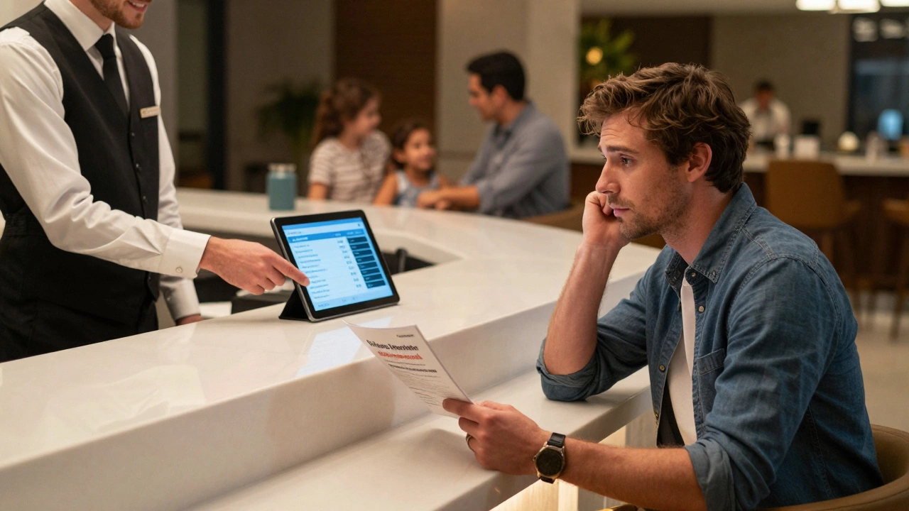 Solo traveler discussing pricing details with staff at a resort reception desk.