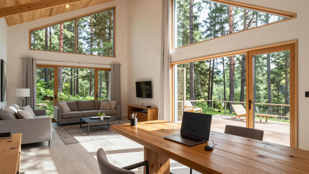 Spacious cabin interior with a workspace and view of a peaceful forest.
