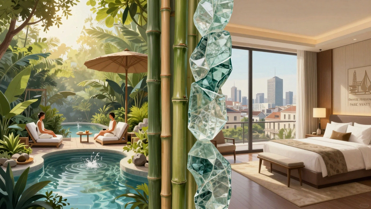 Split view of serene spa and urban penthouse showing luxury styles
