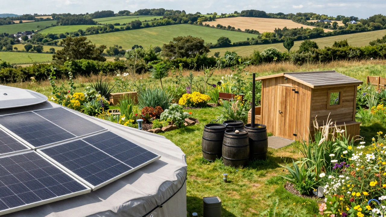 Sustainable glamping site featuring solar panels, rainwater barrels, and local timber structures in nature.