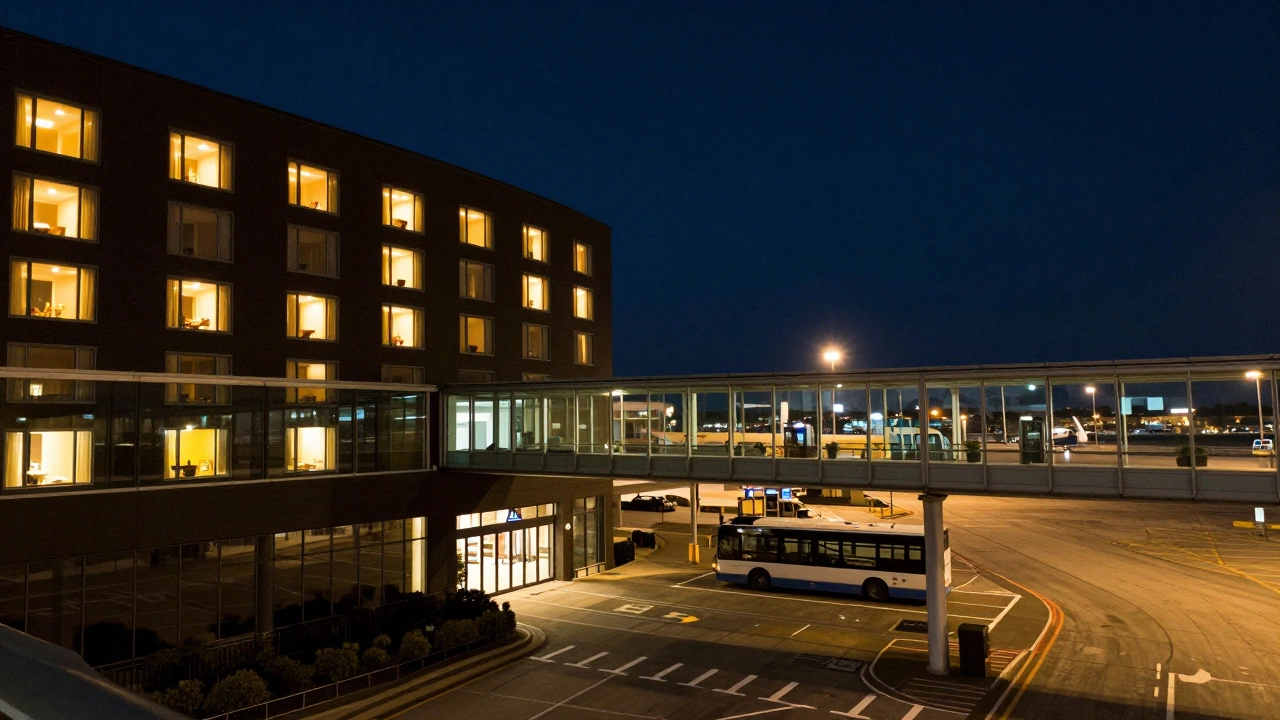 Airport hotel glowing warmly at night next to a terminal building