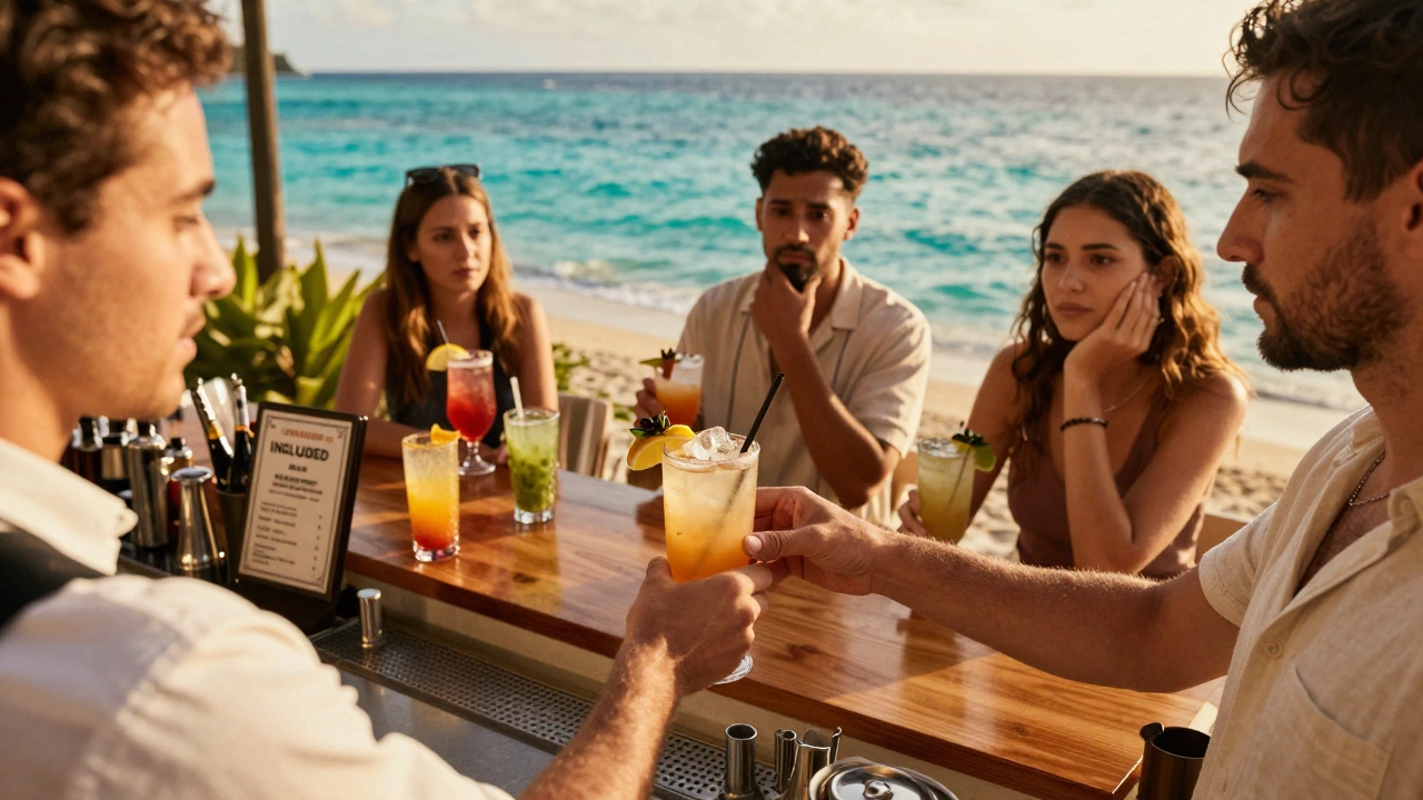 Bartender serving a premium cocktail with extra charge at a resort bar