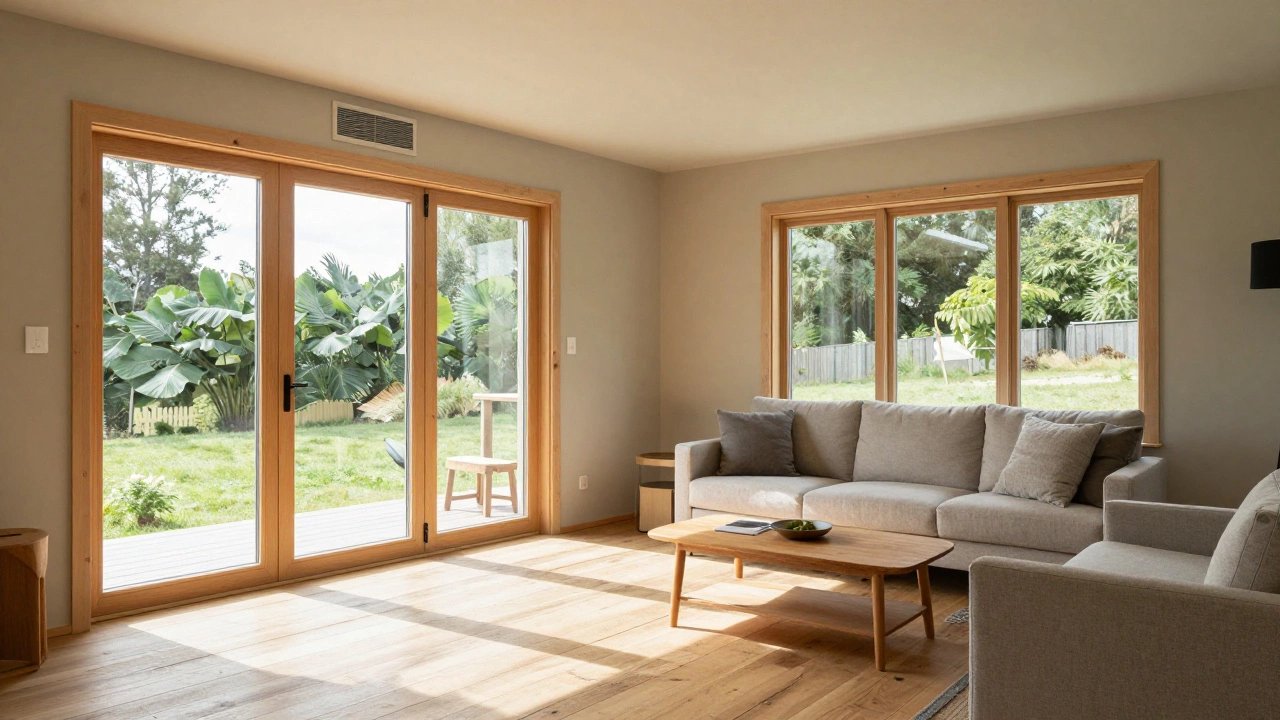 Bright, airy living room interior of an eco-friendly cottage with natural light