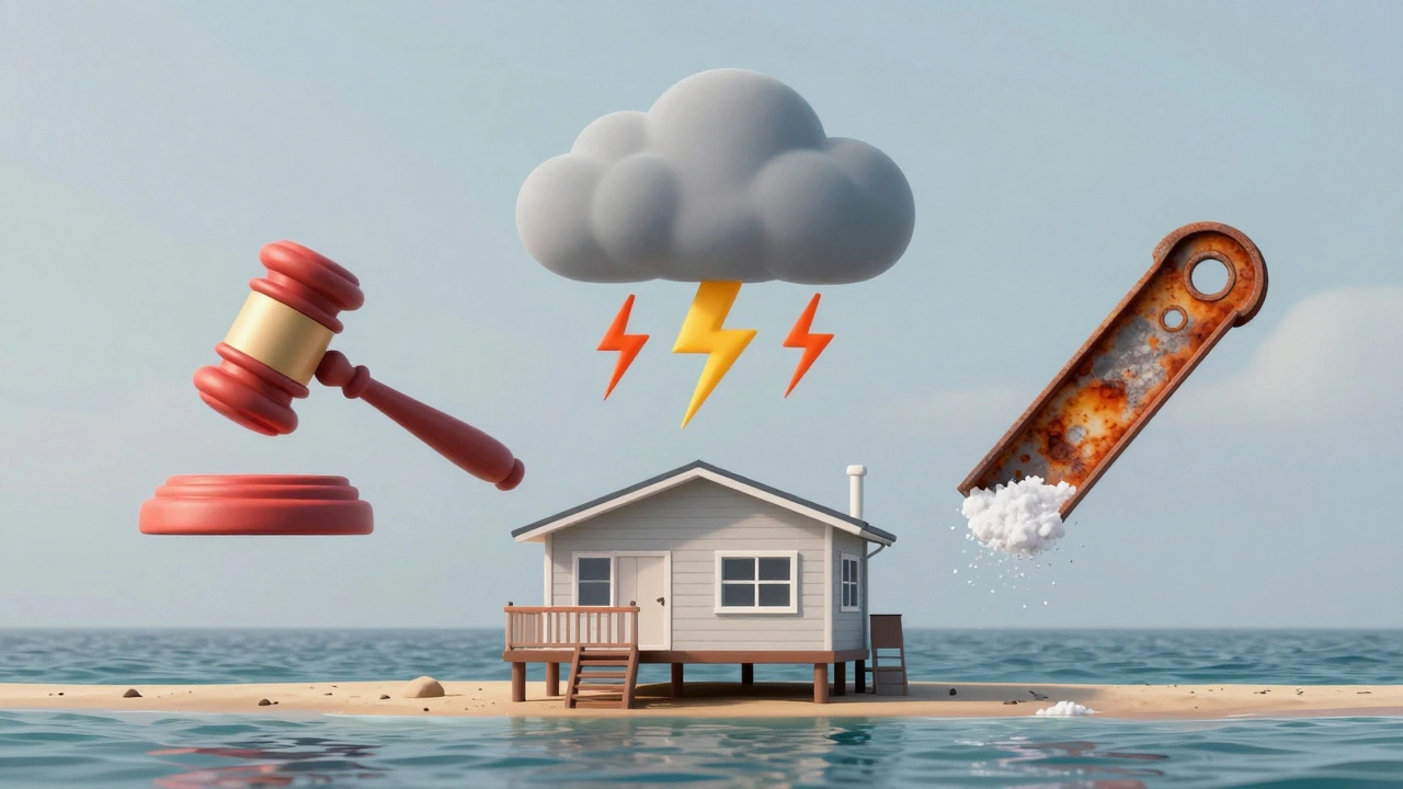 Conceptual art showing hidden costs like insurance and taxes around a beach house