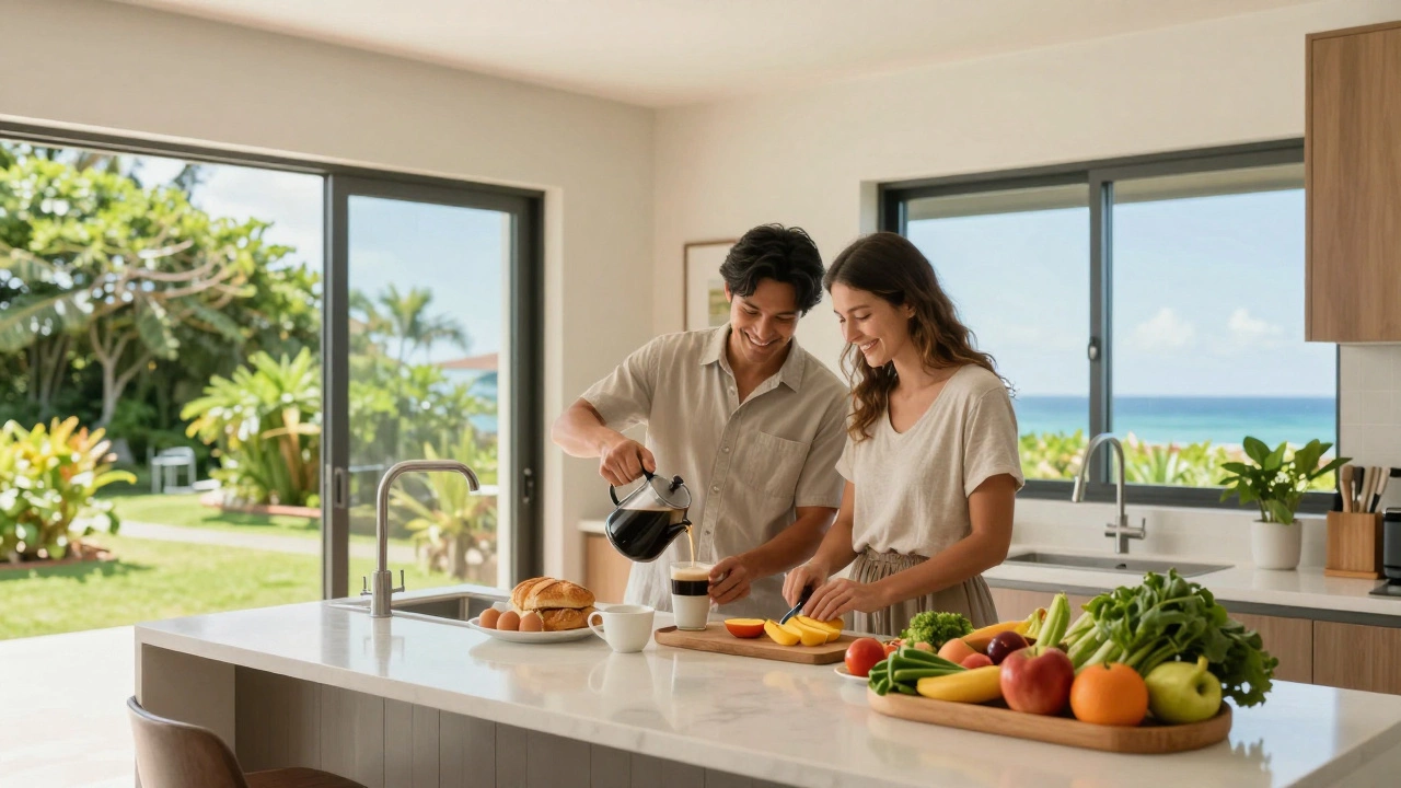 Couple cooking breakfast in sunny Hawaii condo
