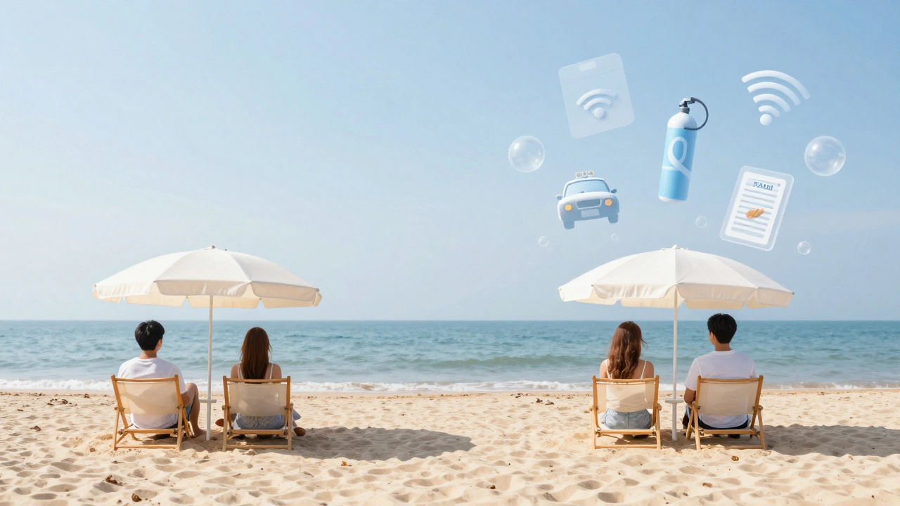 Couple on a beach with floating icons representing hidden resort fees