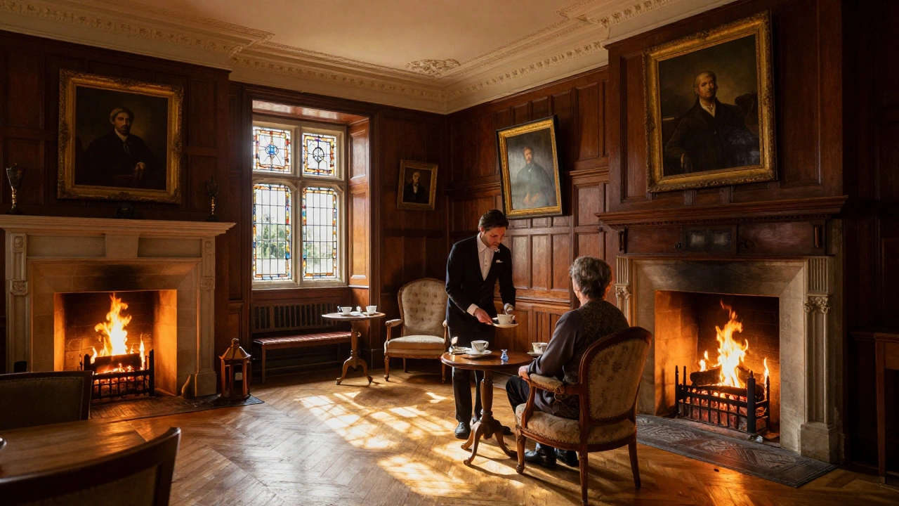 Cozy historic drawing room with fireplace, portraits, and attentive staff serving tea