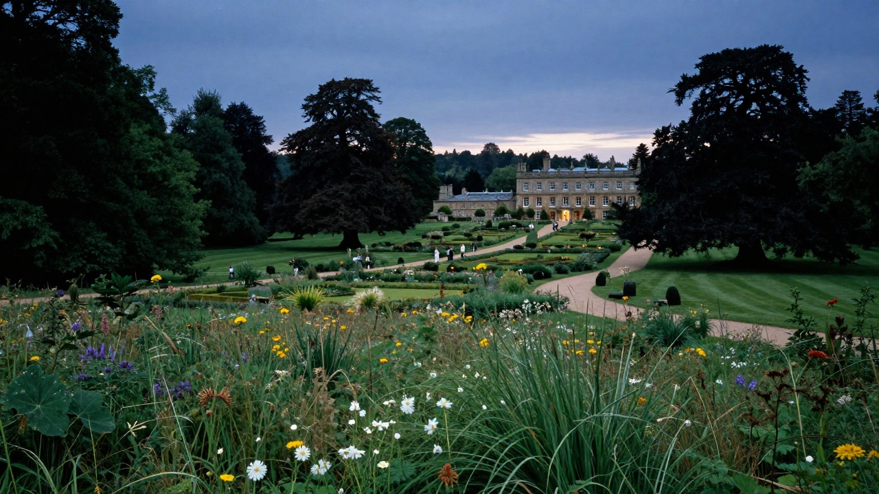 Expensive estate grounds with gardens, woodlands, and distant manor at twilight