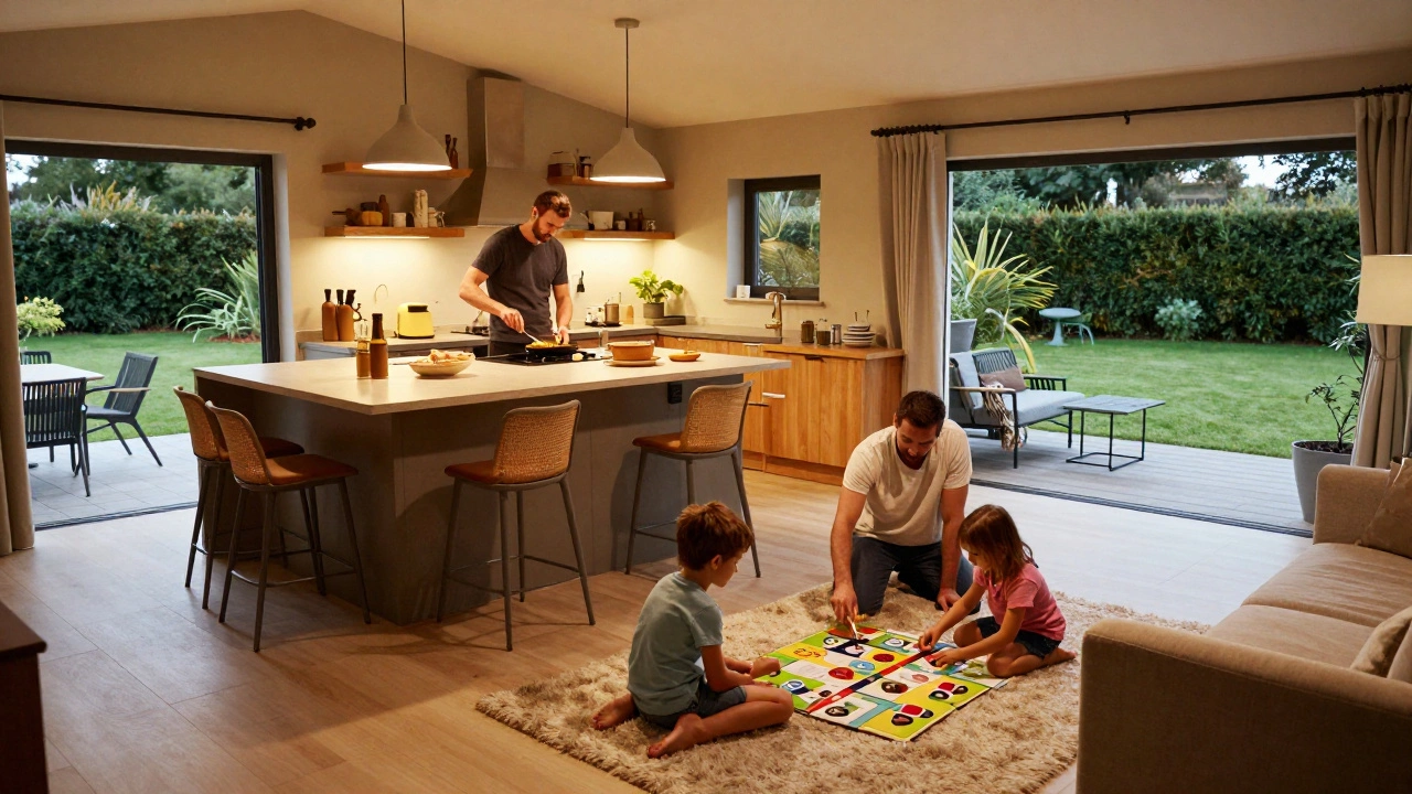 Family cooking and playing in a cozy rental cottage