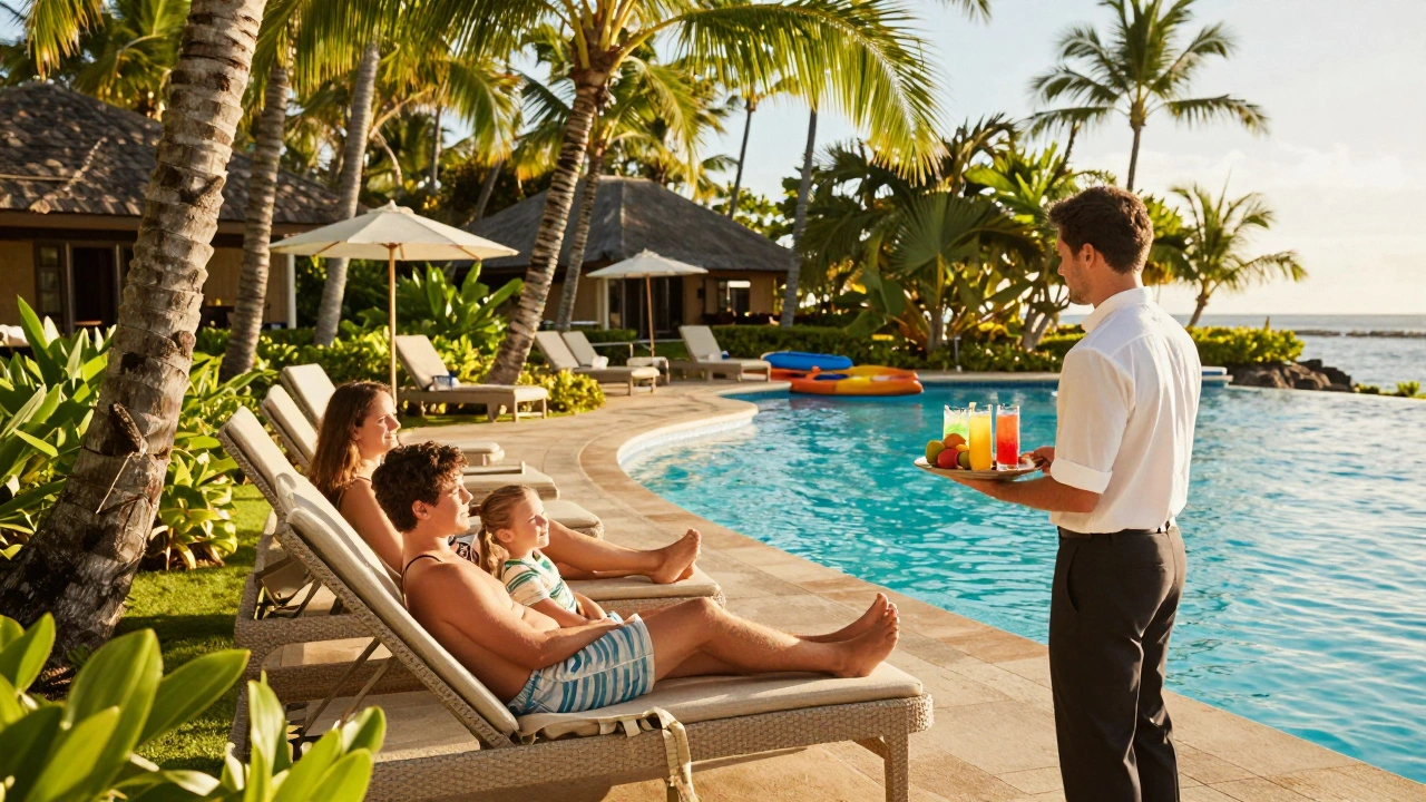 Family relaxing at Hawaiian resort pool with included activities