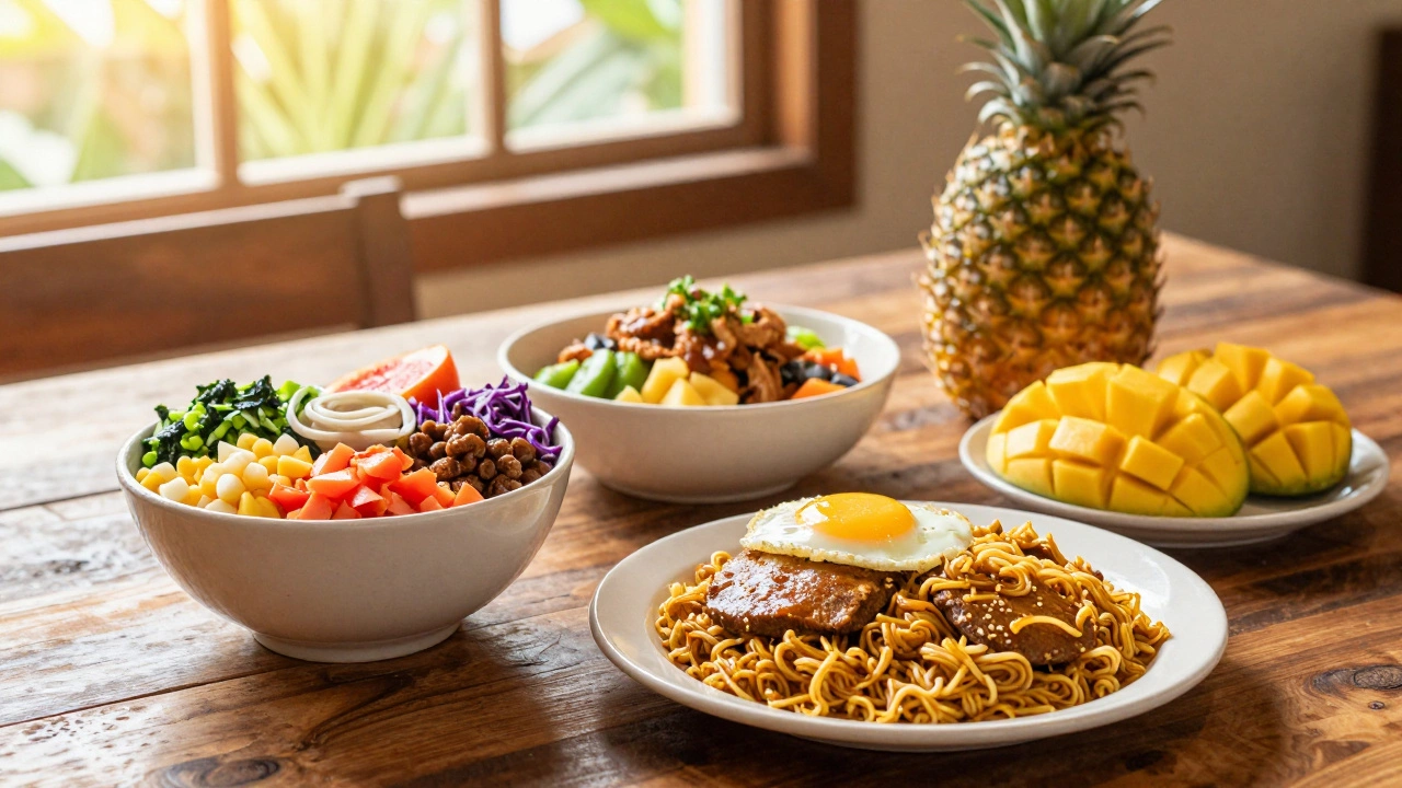 Fresh local Hawaiian food dishes on wooden table