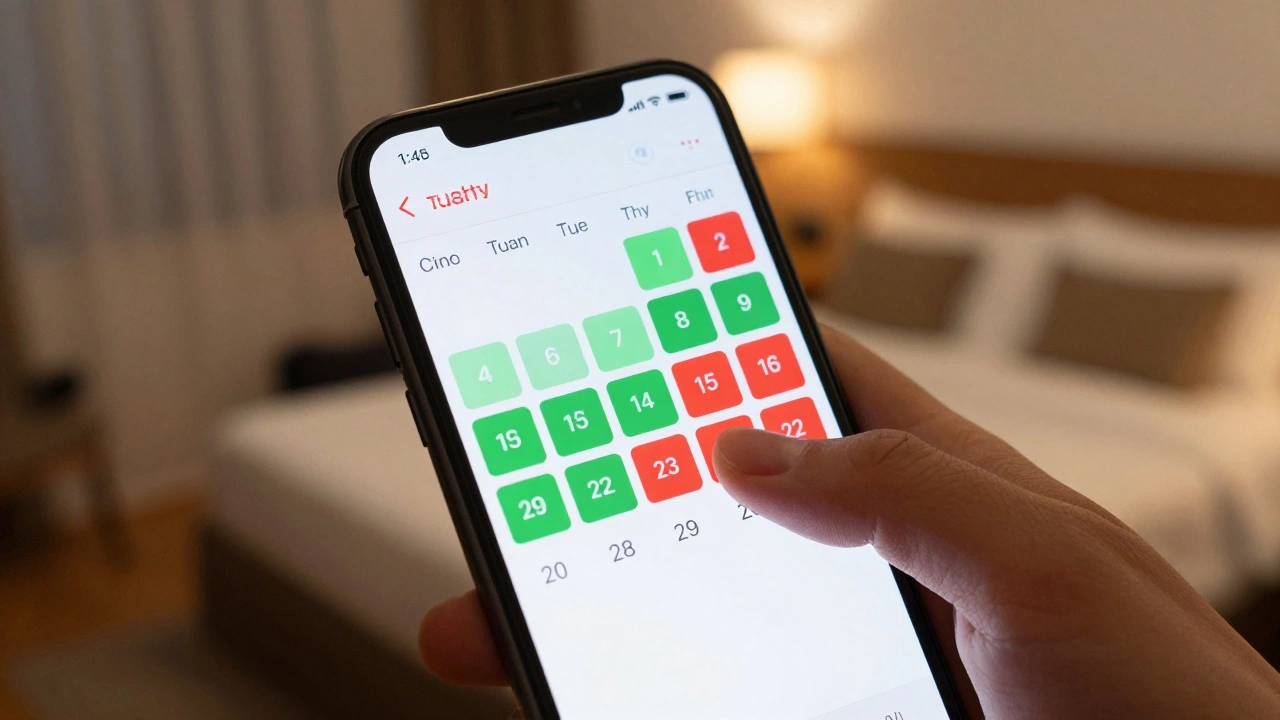 Hand selecting a cheap green date on a color-coded hotel booking calendar