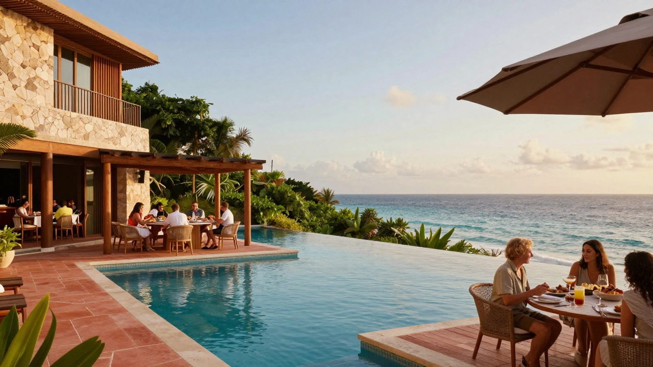 Infinity pool and dining area at a Mexican Riviera Maya resort