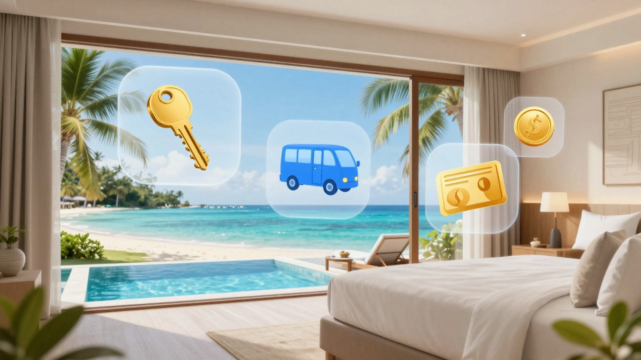 Luxury resort suite with floating icons of travel perks