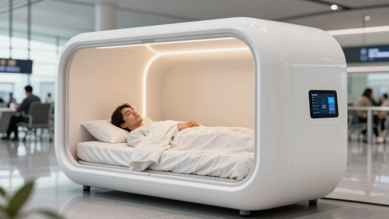 Person resting inside a modern, private sleep capsule pod at an airport