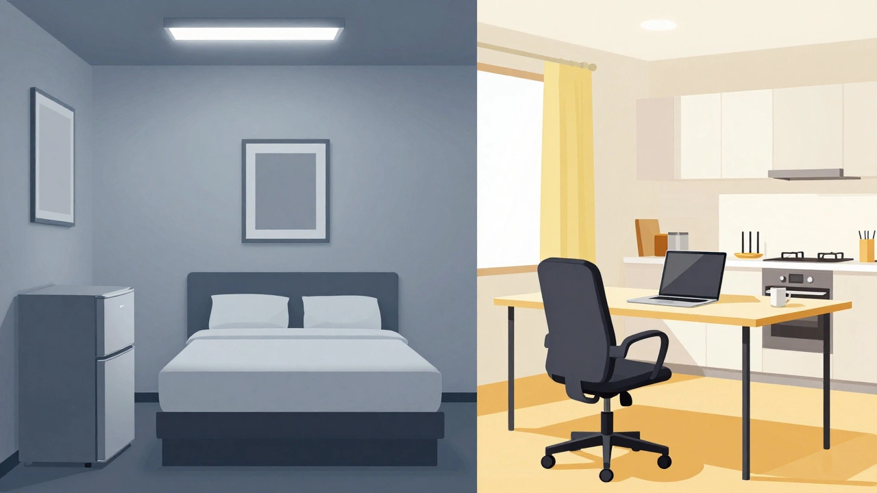 Split view of cramped hotel room versus home office