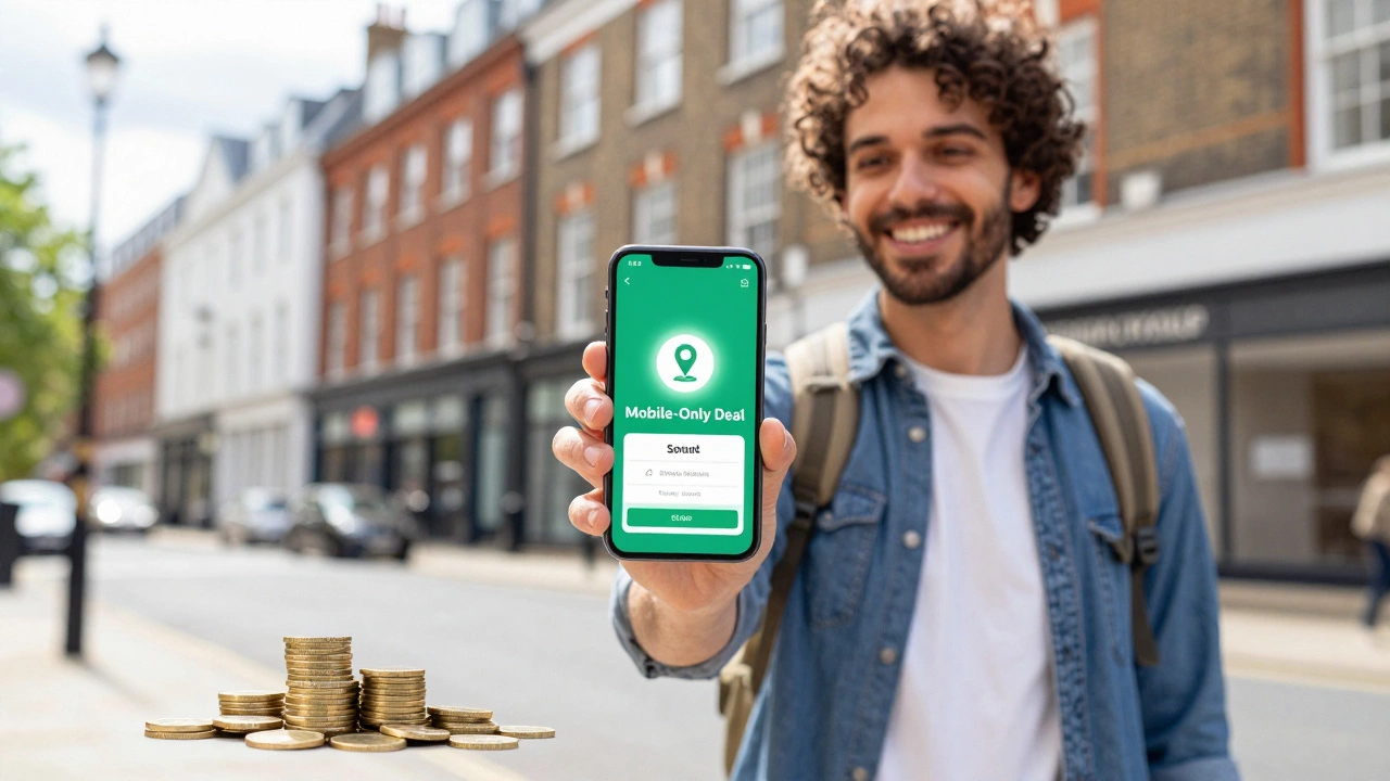 Traveler checking a mobile-only deal notification on a smartphone in a city