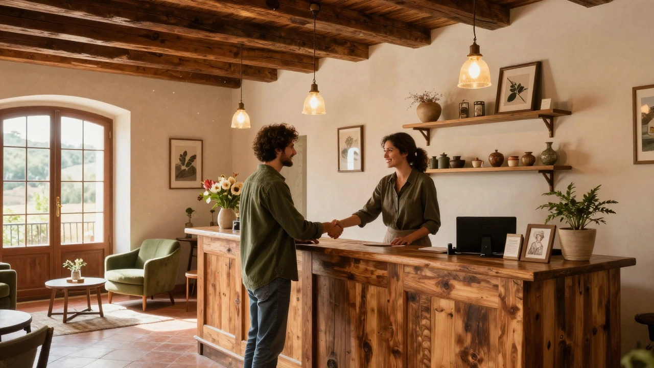 Warm, authentic boutique hotel lobby with owner greeting a guest