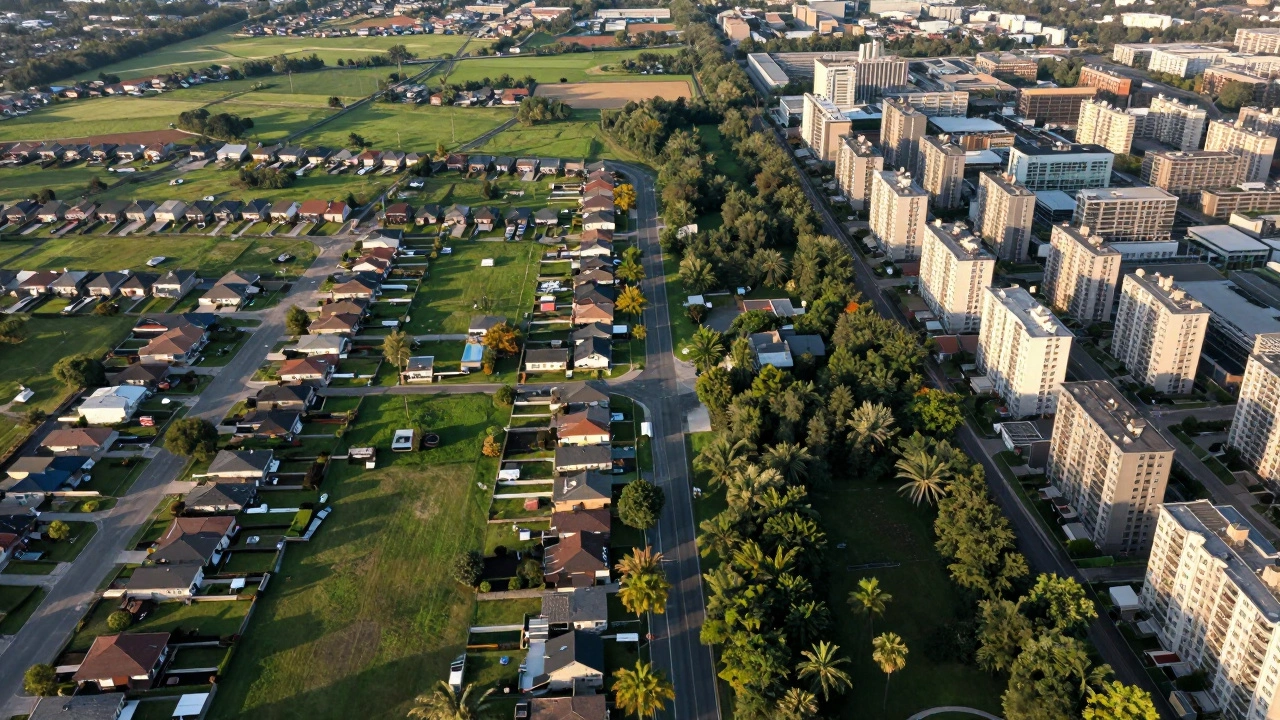 Aerial view contrasting suburban sprawl with dense urban apartment blocks preserving green space